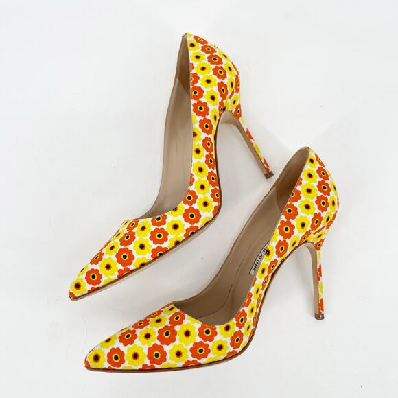 Manolo Blahnik Yellow Orange Floral Cotton BB Pointed Toe Stiletto Heels IT 37.5 - Picture 5 of 13